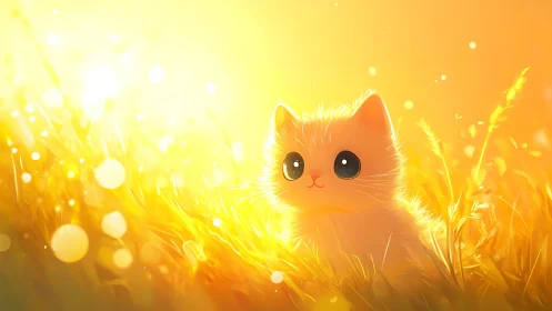 Cartoon kitten in bright golden field under strong sunlight.