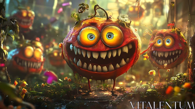 Mutated pumpkin creatures with exaggerated teeth in glowing forest