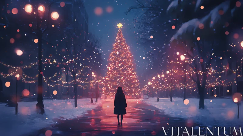 Silent winter night with glowing city Christmas tree centerpiece.