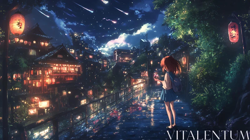 Girl walks neon-lit riverside street under falling stars