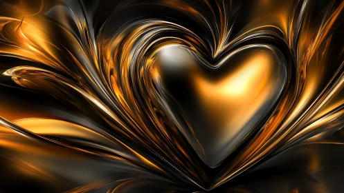 Golden liquid heart shape with dark background and flowing streams