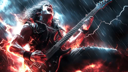 Electric storm guitarist channeling pure rock energy.