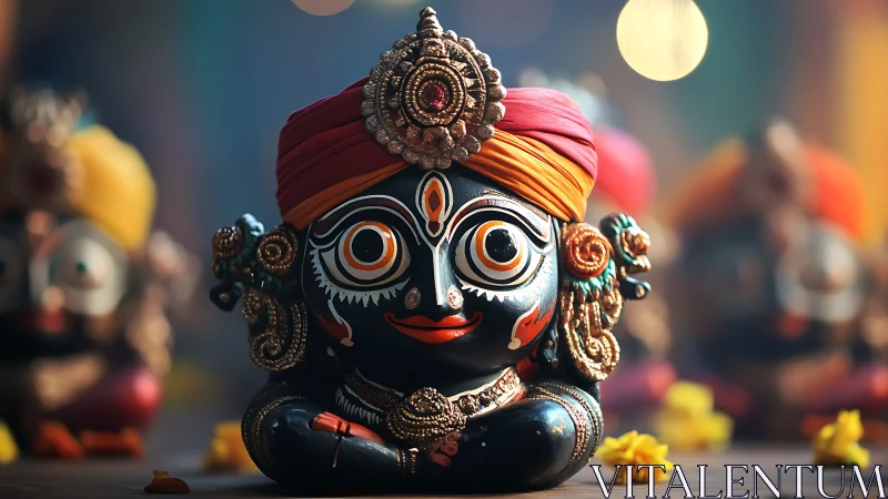 Ornate black Krishna idol with jeweled turban, bokeh lights