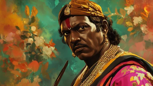 Regal warrior portrait amid vivid floral abstraction.