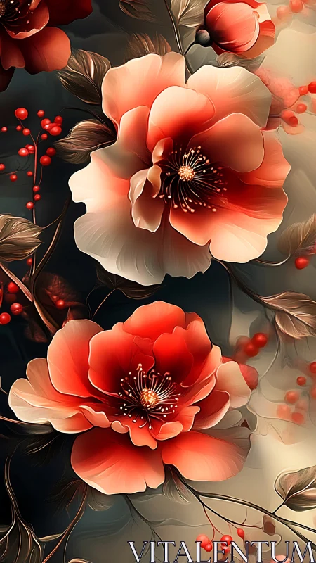 Red and Cream Botanical Flowers with Dark Foliage and Berries.