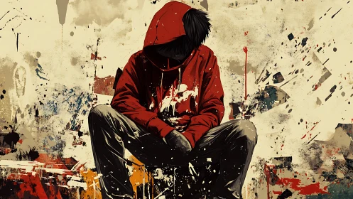 Hooded figure sits amid chaotic urban paint splatters