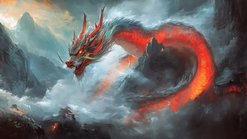 Firelit sky dragon winding through misty mountain storm.