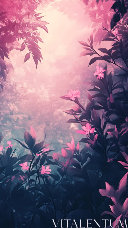 Luminous pink forest glade with dreamy floral foliage.