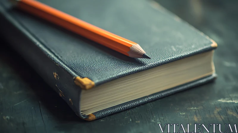 Closed leather notebook with orange pencil on worn desk.