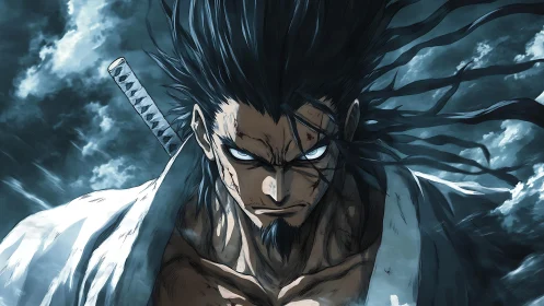 Stormlit battle-worn swordsman with glowing eyes and katana