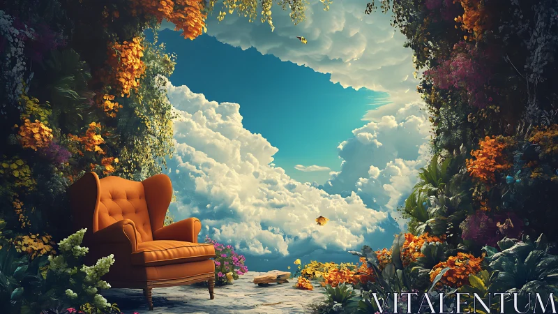 Cozy orange armchair welcomes you into a dreamy sky garden