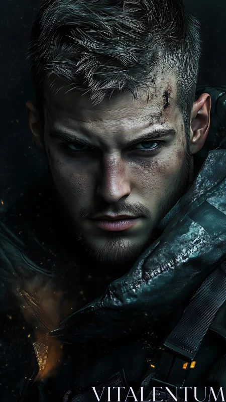 Close-up portrait shows battle-worn male subject in gear