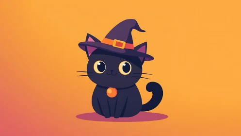 Flat vector illustration of cute Halloween black cat character.