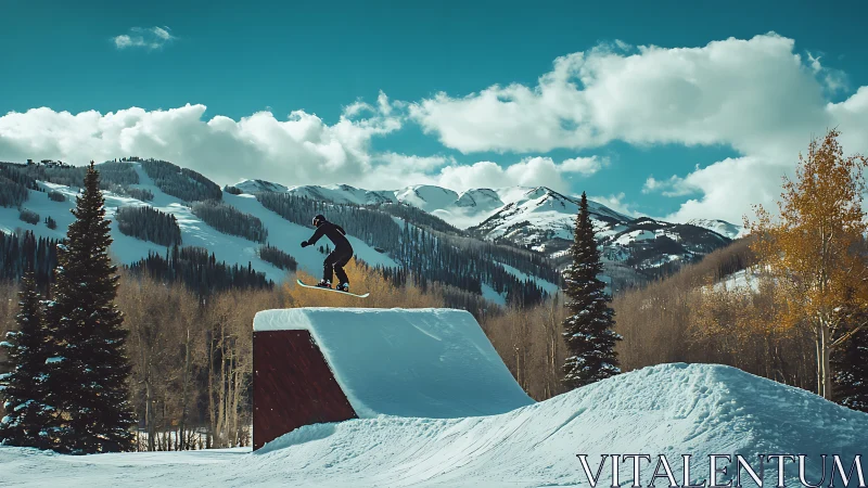 Snowboarder executing aerial trick over park box ramp