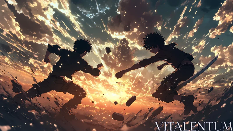 Rival anime warriors clash midair in a blazing sunset sky.