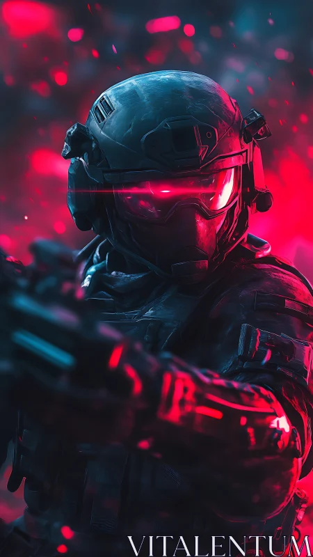 Futuristic armored soldier with weapon in neon red light.