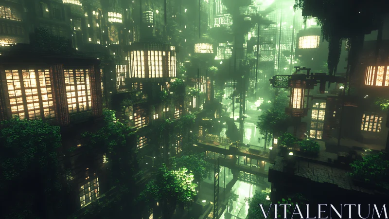 Luminous voxel jungle city with elevated bridges at dusk.