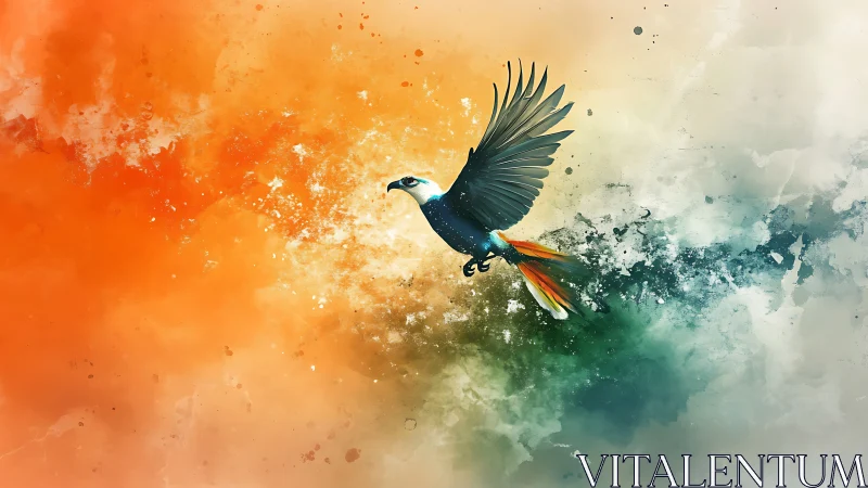 Vibrant digital painting of a flying bird in abstract tricolor scene.