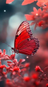 Scarlet butterfly on glowing bokeh flowers at dusk.