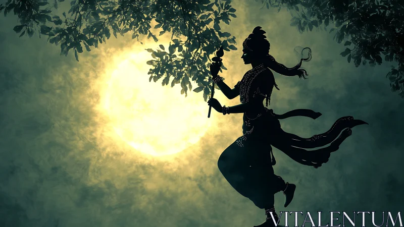 Silhouetted divine dancer moves gracefully before full moon glow