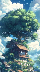 Elevated wooden hillside house integrated into massive sunlit tree crown