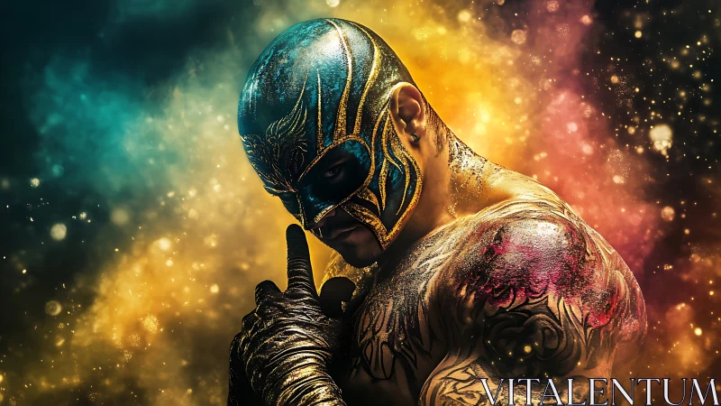 Masked wrestler in glittering cosmic spotlight of color.