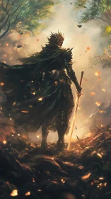 Lone forest knight pauses beneath glowing autumn leaves