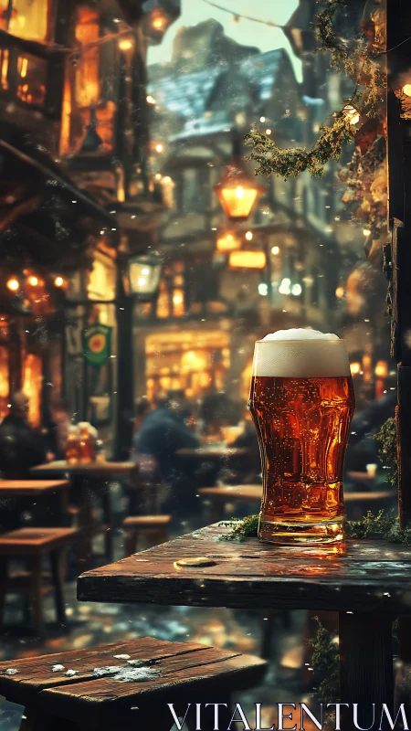 Pint of beer stands on snowy wooden table in busy alley