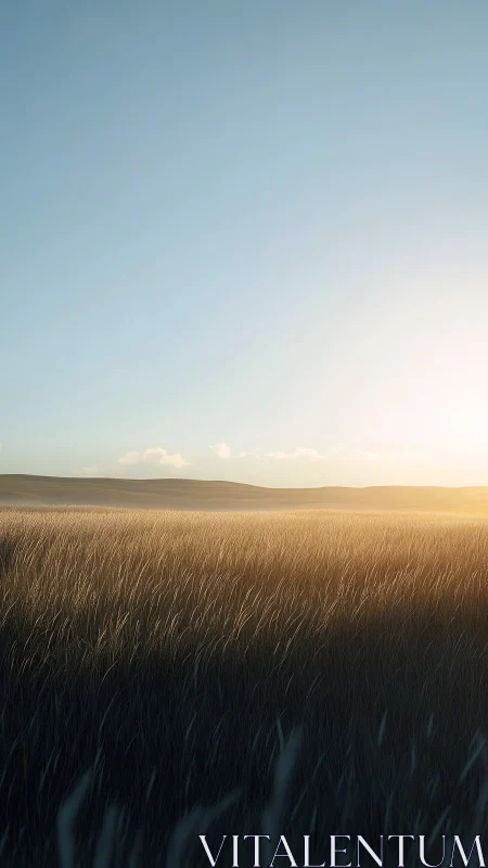 Minimalist grassland horizon at sunrise in photorealistic style.