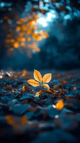 Isolated yellow seedling amid blue foliage in soft focus forest.