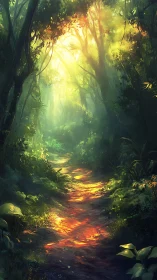 Luminous Forest Path: Golden Light Through Ancient Canopy