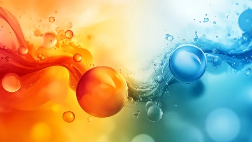 Glowing red and blue spheres drift through vibrant color waves