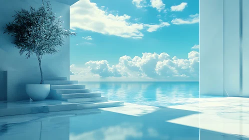 Minimalist Interior Overlooking Serene Seascape with Cloud-Filled Sky