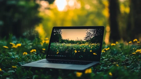 Laptop computer rests on ground within dense green vegetation