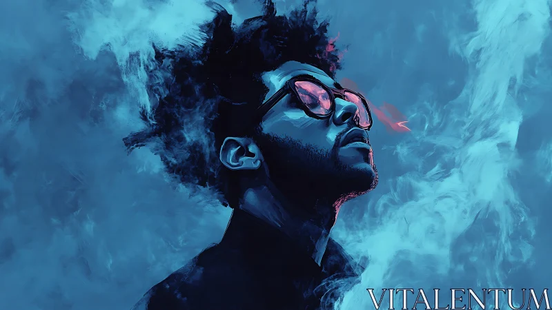 Side profile portrait in blue smoke with reflective glasses.