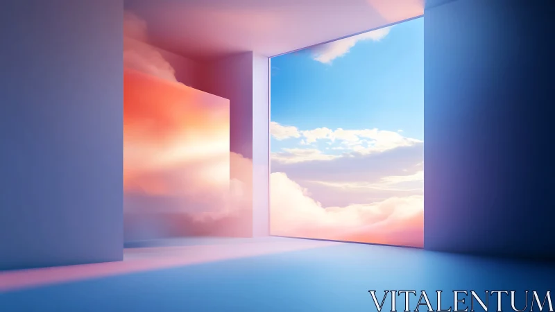 Minimalist corridor framing luminous sunset cloudscape portal