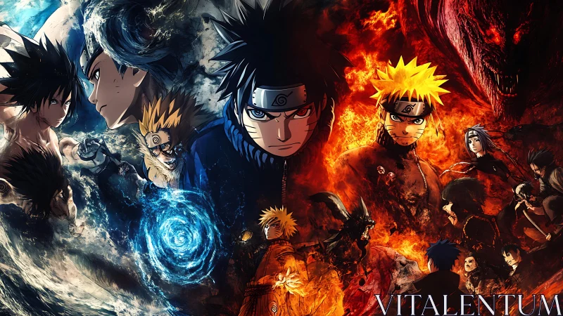 Dual elemental anime battle composition with central figures.