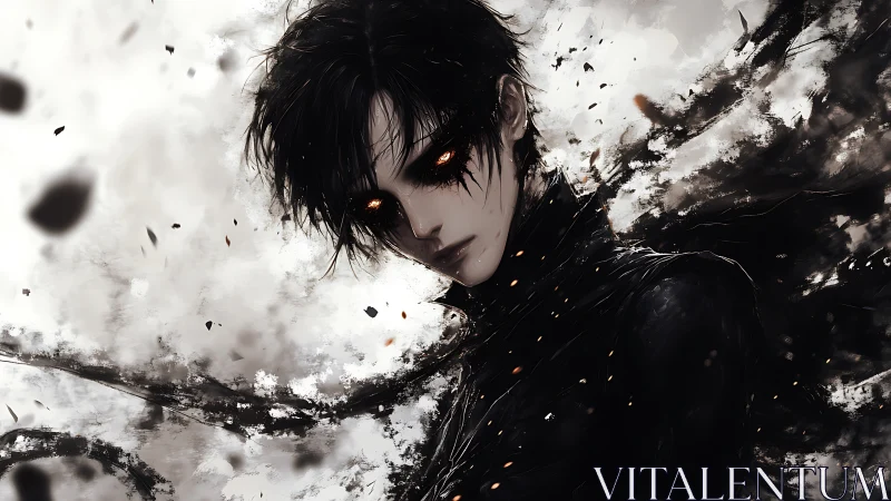 Dark-haired entity with ember eyes in swirling ink storm.