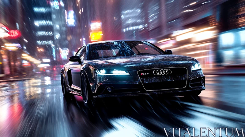 Black Audi coupe on wet city street at night in motion.