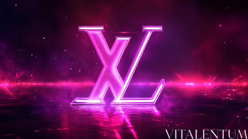 Neon pink XL letterform in reflective digital landscape.