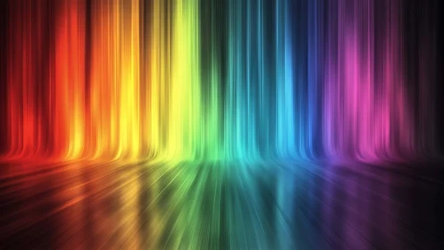 Chromatic light curtains cascading over reflective floor.