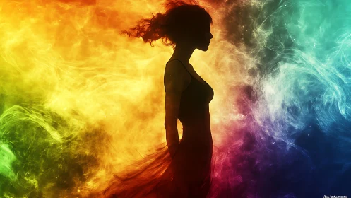 Silhouette muse drifting through swirling prismatic nebulae.