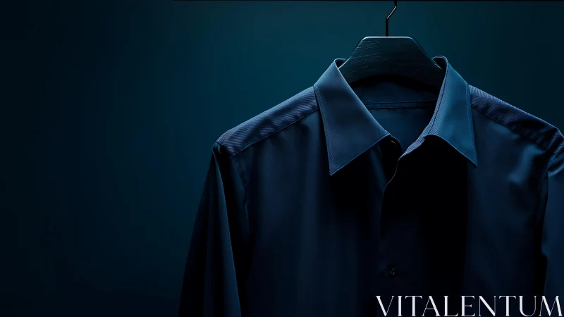Navy Dress Shirt on Wooden Hanger Against Dark Teal Background.