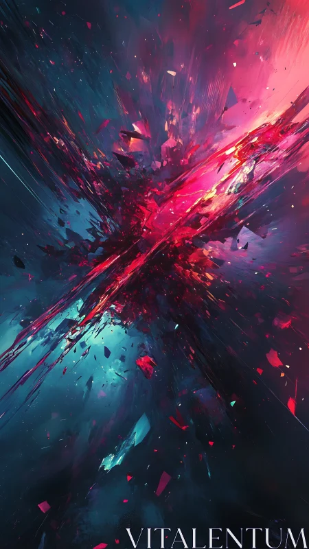 Explosive neon energy burst with shattered crystal shards.