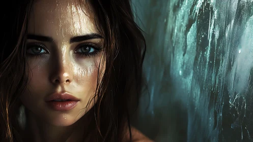 Softly lit portrait with rain-kissed skin and steady gaze.