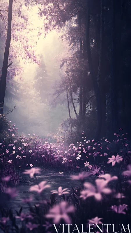 Misty Forest Stream with Blooming Pink Flowers and Atmospheric Light.