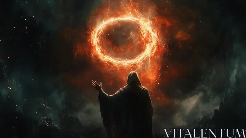 Hooded figure below fiery circular portal in dark void.