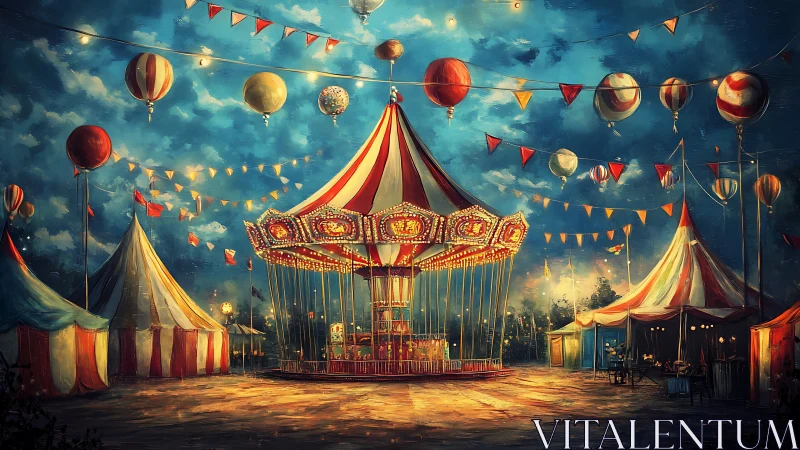 Nocturnal carnival carousel under glowing festival lanterns.