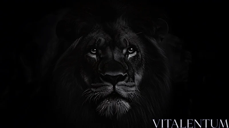 Monochrome lion portrait in dramatic low key chiaroscuro.