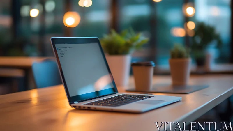 Ultrabook on coworking desk with bokeh office lighting.